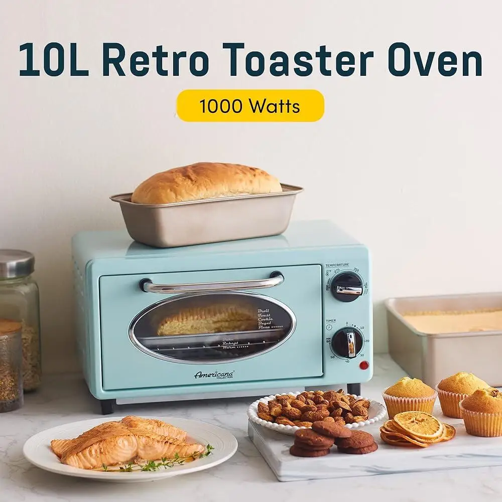 50S Retroเคาน์เตอร์เครื่องปิ้งขนมปังเตาอบจับเวลาBakeพิซซ่าToastย่างย่าง 1000Wพร้อมอุปกรณ์เสริมเหมาะสําหรับขนมขบเคี้ยว