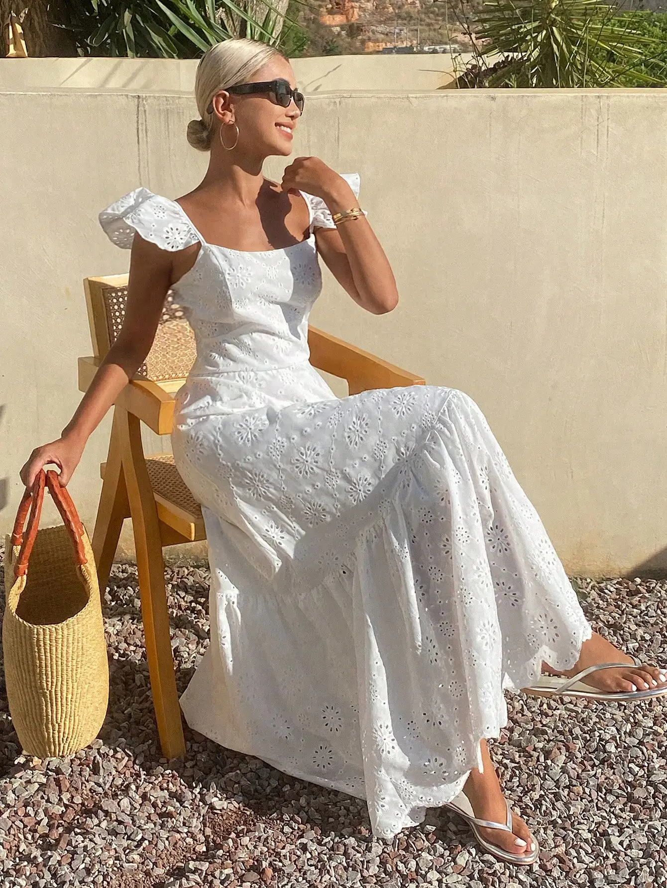 

White Eyelet Lace Maxi Dress with Ruffle Sleeves for Summer Wedding Guest