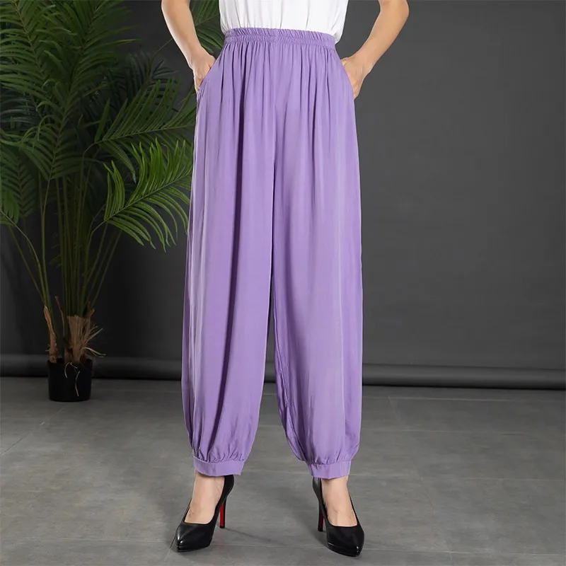 High Waist Lantern Pants Artificial Cotton Ice Silk Loose Fit Anti-Mosquito Elastic Women's Summer Spring Vacation Beach Cott...