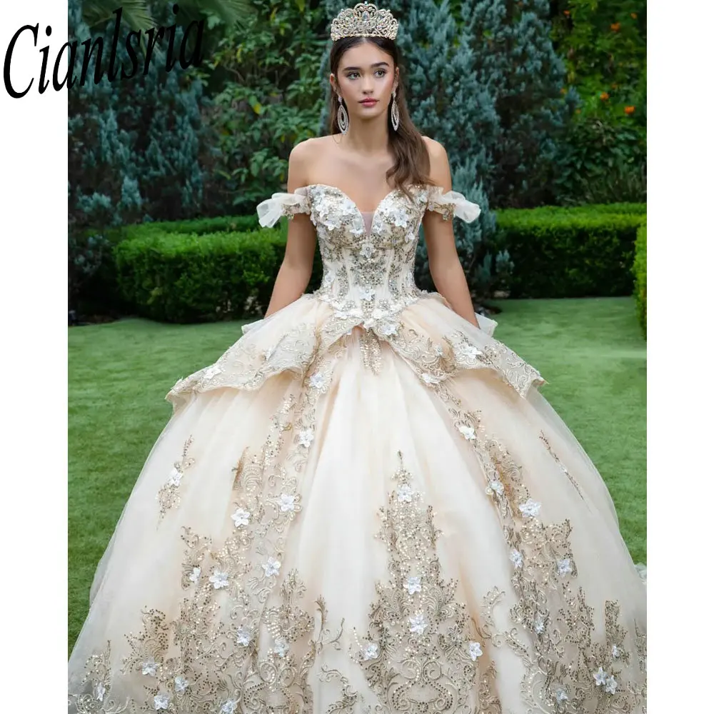 

Champagne Off The Shoulder Ruffles Quinceanera Dresses Ball Gown 3D Flowers Appliques Lace Sweet 15 Años Mexican Customized