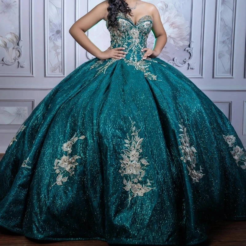 

Luxury Emerald Green Sweetheart Ball Gown Quinceanera Dress For Girls Gold Applques Beads Lace Up Back Birthday Party Gowns