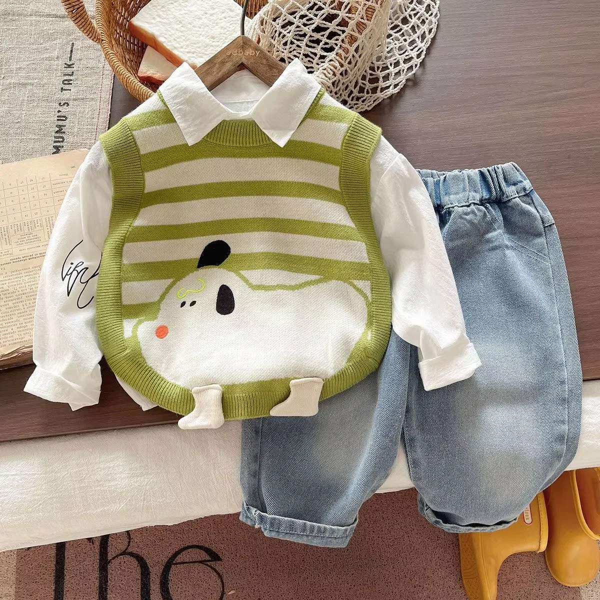Boys Girls Spring Autumn Clothing Sets 2026 New Fashion Children Striped Knit Vest Shirt and Pants 3-Piece Outfit 0 2 4 5Y 4
