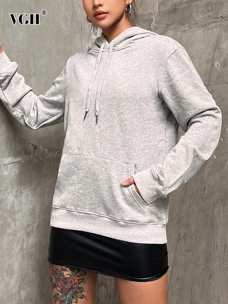 

VGH Solid Patchwork Drawstring Casual Sweatshirts For Women Hooded Long Sleeve Minimalist Loose Pullover Sweatshirt Female New