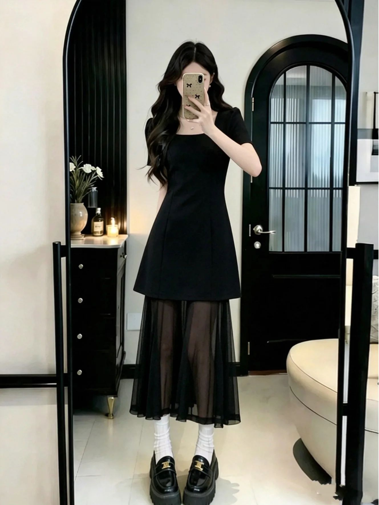 

Slimming Black Dress Large Size Summer Fashion Design Short Sleeve Hidden Meat Model French Style High Waist A-Line Dress