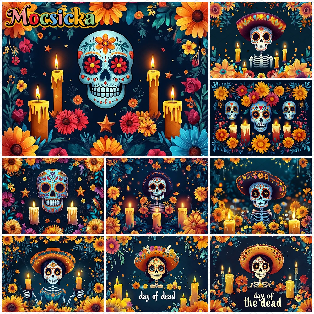 

Mocsicka Day Of The Dead Background Photography Art Flower Skull Candle Death Festival Decoration Halloween Party Photo Backdrop