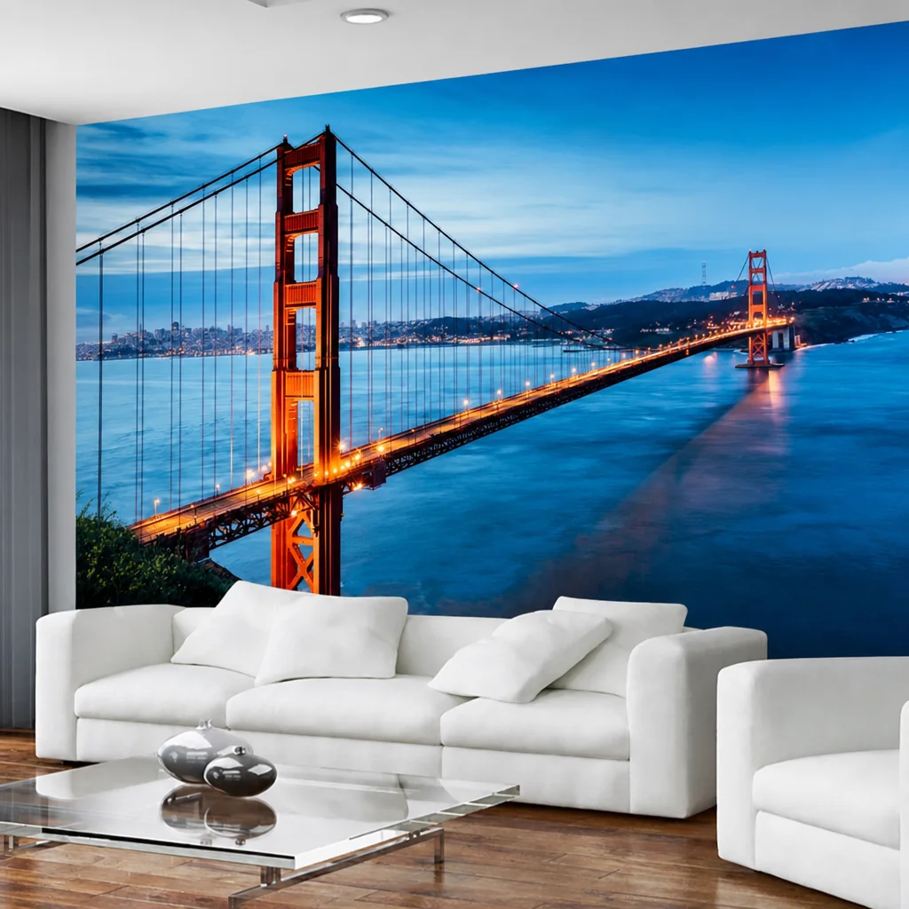 Deep blue water surface and bridge reflection, modern minimalist style bedroom headboard background, self-adhesive material.