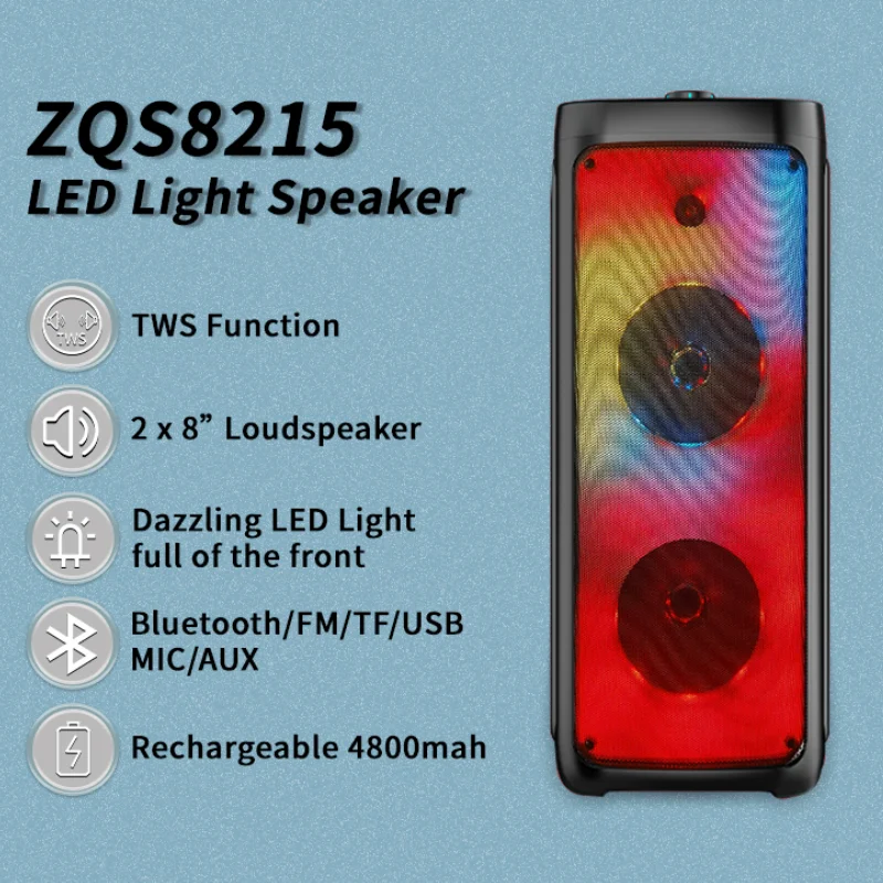 ZQS8215 High-power Outdoor Speaker Flame Lights Double 8 Inch Horn Big TWS Multi Function Wireless Bluetooth Speaker With Mic