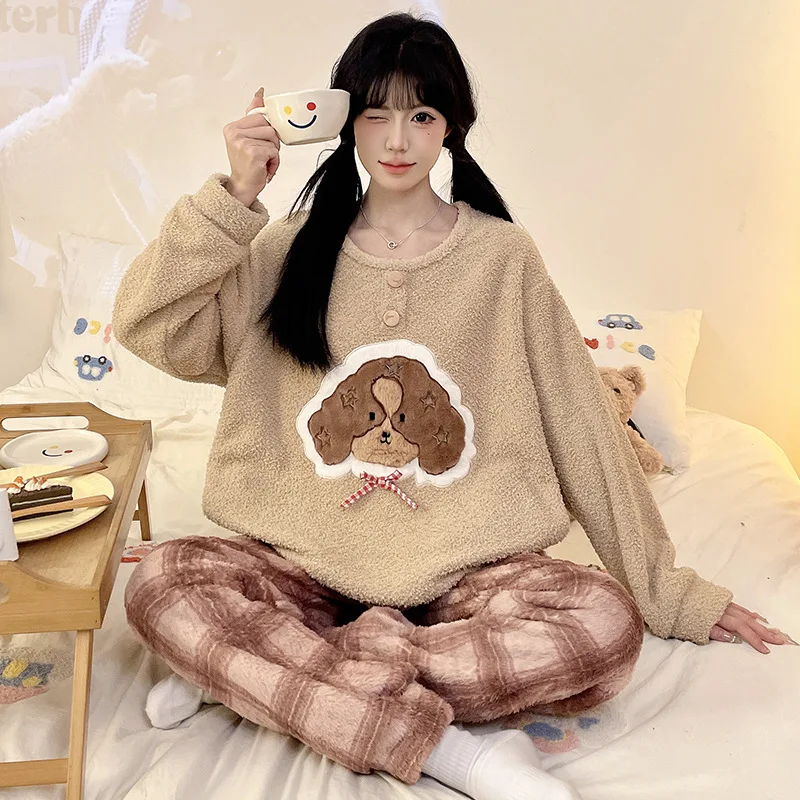 

Thickened Coral Fleece Pajamas Set Women Winter Korean Students Dormitory Sleepwear Cartoon Outfits Flannel Loose Home Clothes