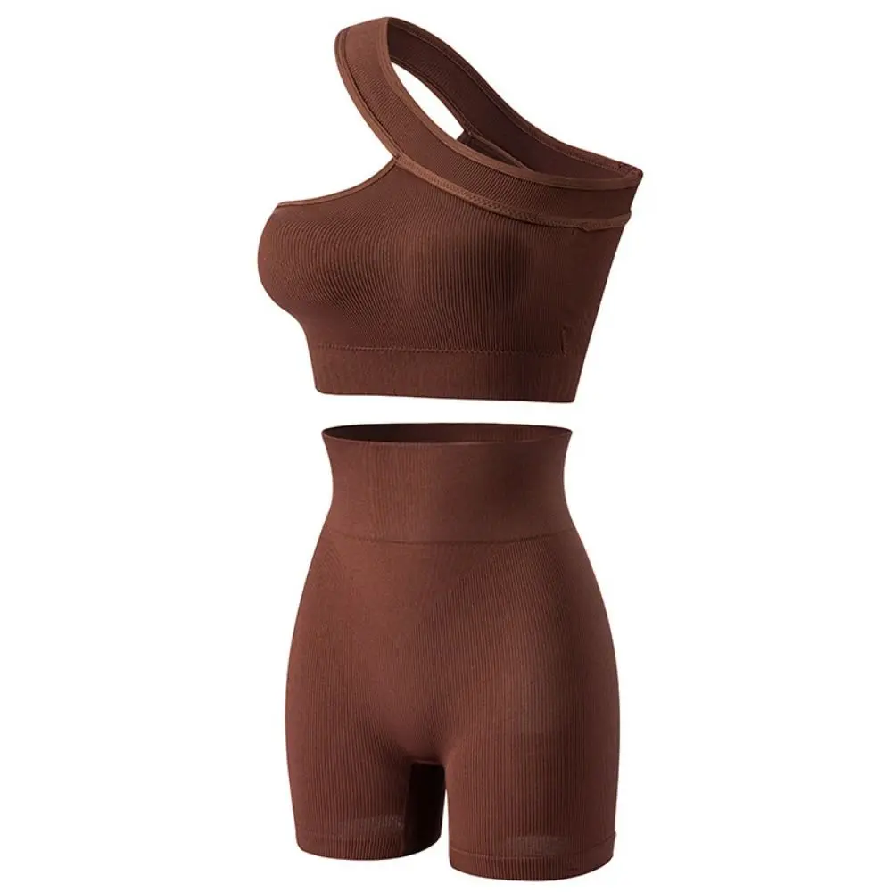 

2Pcs Casual Seamless Women Workout Sets High Waist Ribbed Active Wear Tank Tops One Shoulder Sports Bra Gym