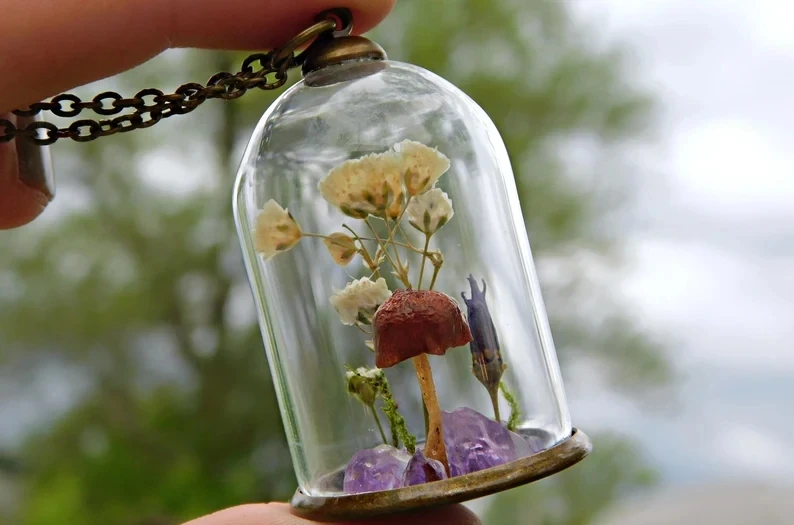 Glass terrarium mushroom necklace rawamethyst wildflowers elven jewelry elvish cottagecore pendant fairycore plant lovers gift