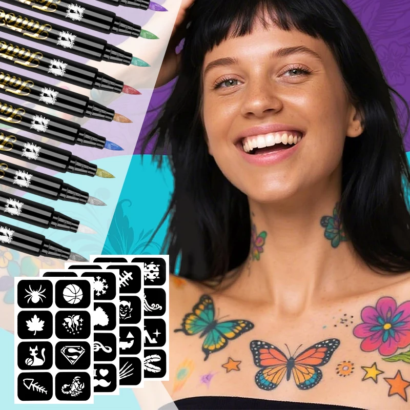 10Pcs Metallic Temporary Tattoo Pen Set with 4 Sheets Tattoo Stickers, Waterproof Long Lasting Body Art Markers for Party Festiv