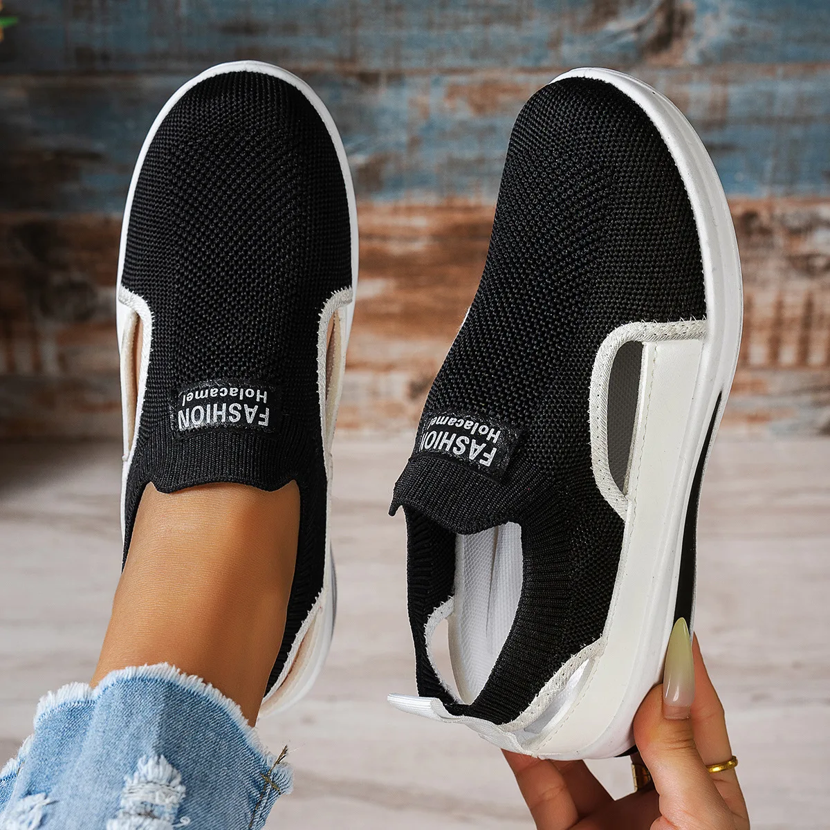 Hohle Slip-On-Plateau-Keilsneaker für Damen, atmungsaktiv, rutschfest, weiche Sohle, für den täglichen Gebrauch, bequeme Freizeitschuhe – Detail 9