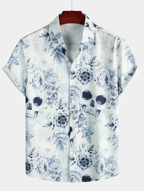 Men's Skull Pattern Short Sleeve Shirt Holiday Casual Daily Beach Vacation Wear Summer Hawaiian Shirt Outdoor Men Clothing