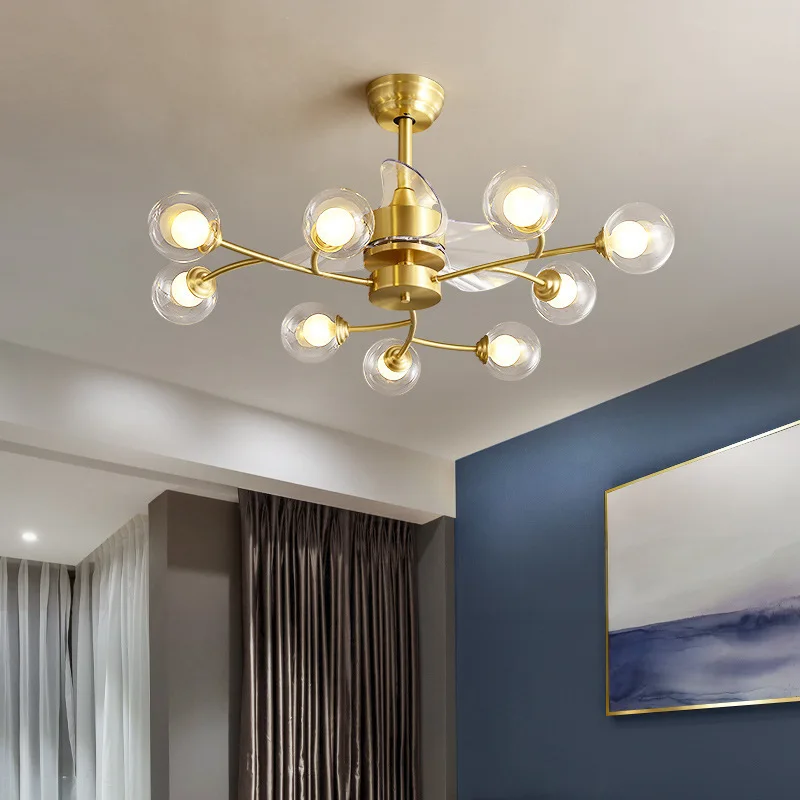 Modern Ceiling Fan with Light Gold Sputnik Chandelier Fan with Remote Control Glass Fandelier for Bedroom Dining Living Room