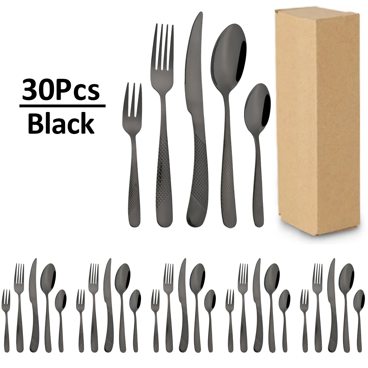 30Pcs Hammer Pattern Handle Black Cutlery Set Knife Spoon Fork Dinnerware Cake Fork Teaspoon Tableware Stainless Steel Flatware