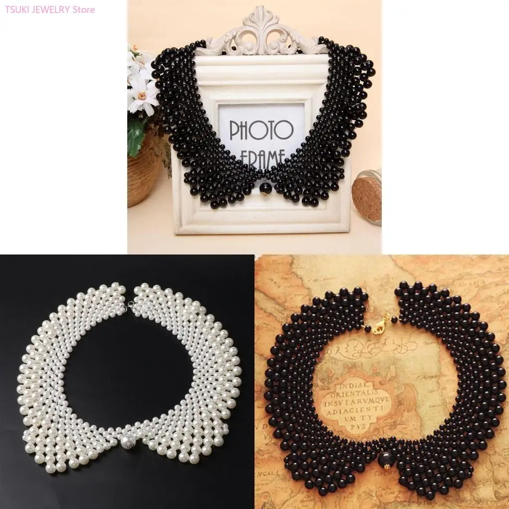 

62KE Ethnic Handmade Woven Beading False Collar Imitation Pearl Jewelry Women Bib Cho