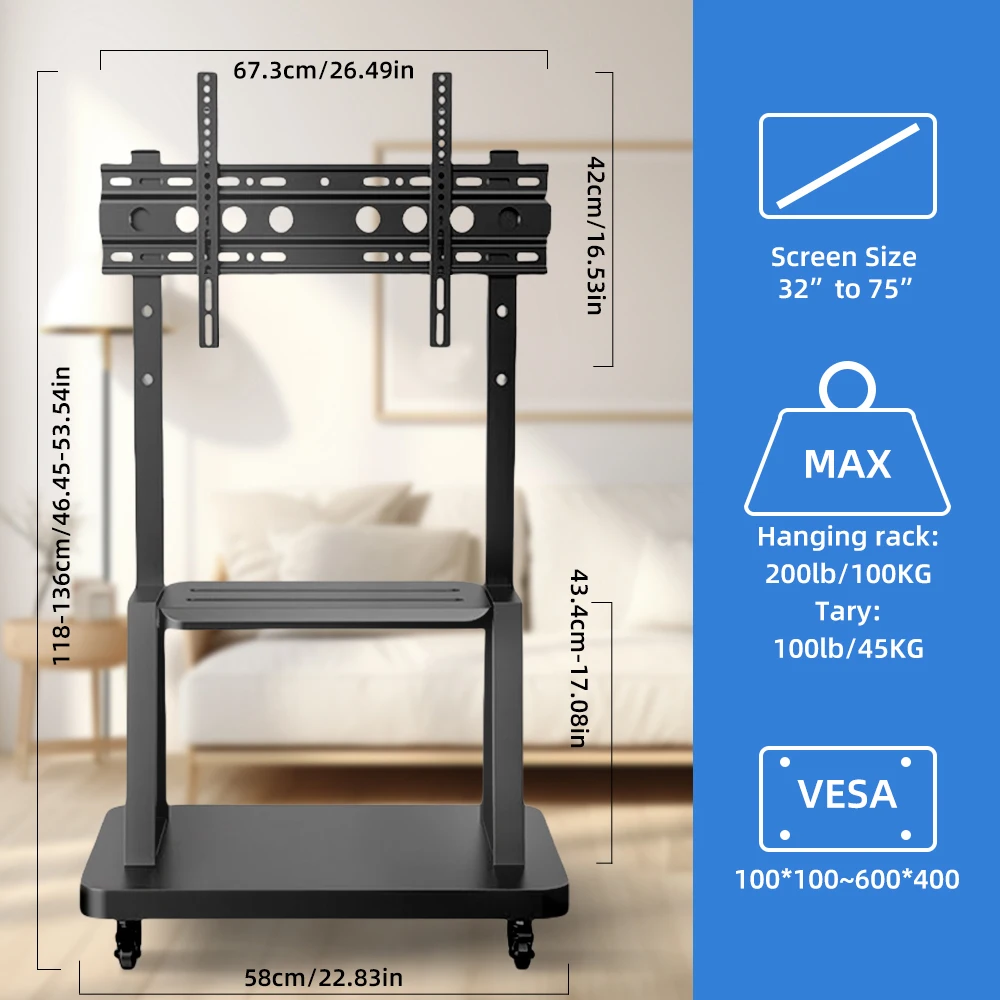 عربة تلفزيون متنقلة، حامل تلفزيون قابل لضبط الارتفاع لأجهزة التلفاز مقاس 32-75 بوصة مع عجلة قابلة للقفل، حامل تلفزيون متدحرج بعجلات ماكس VESA 600 × 400 مم #2