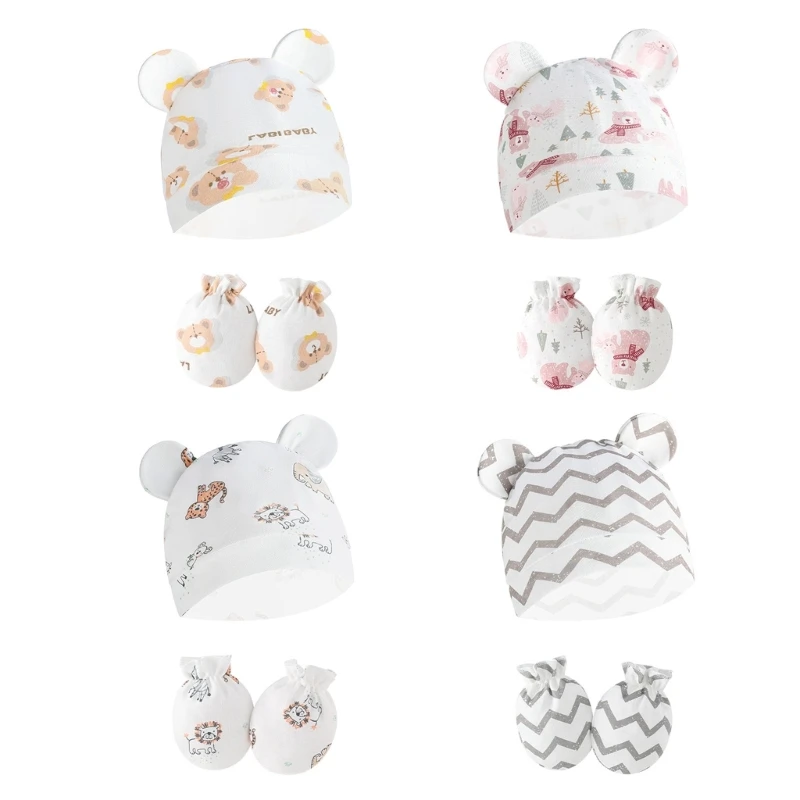 Newborn Baby Hat & Anti Scratch Gloves Set Cotton Headwear Anti-grab Mittens and Hospital Caps for Boys Girls