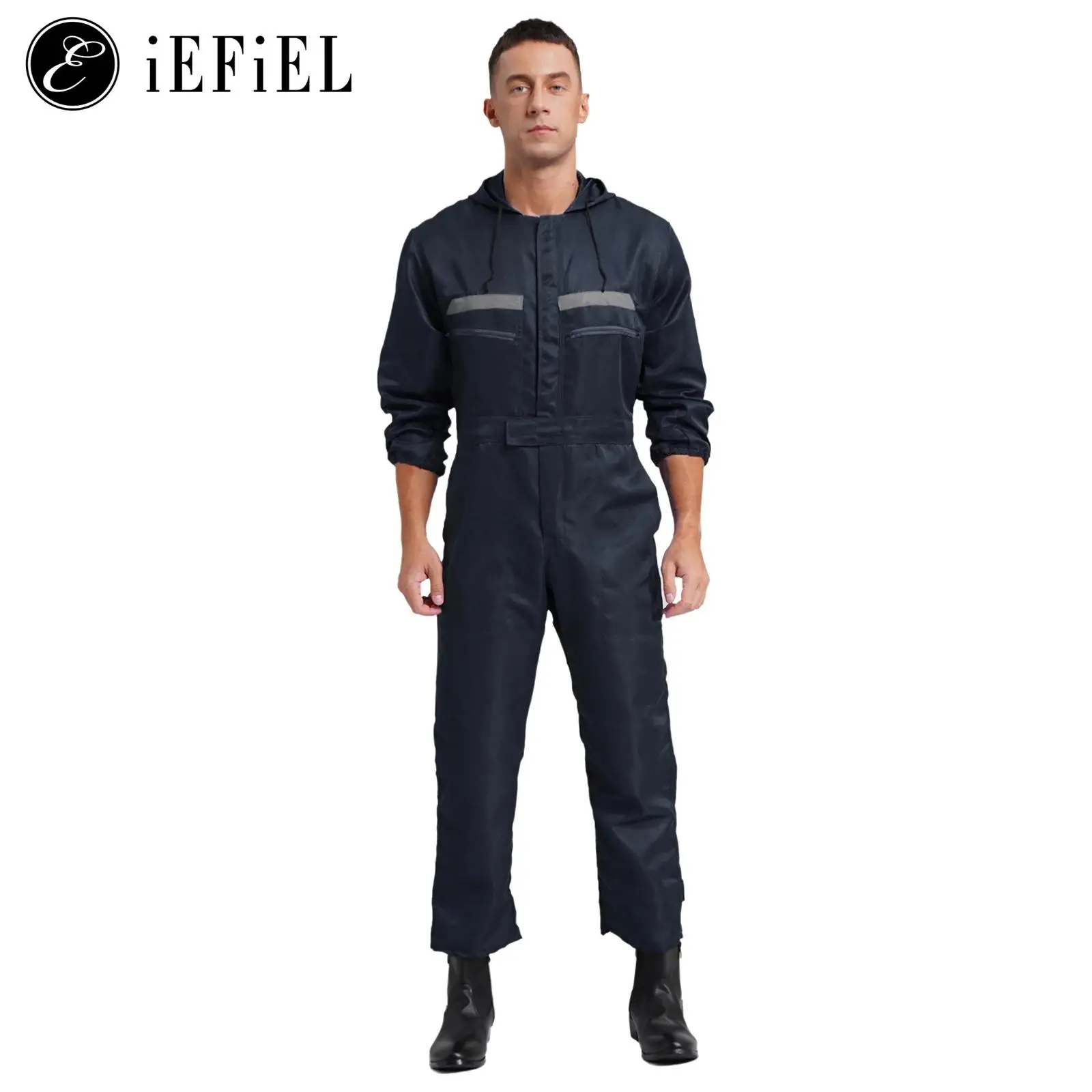 

Mechanic Overall Costume for Men Hooded Full Body Cover Jumpsuits with Reflective Strip Traffic Officer Uniform Workshop Sets