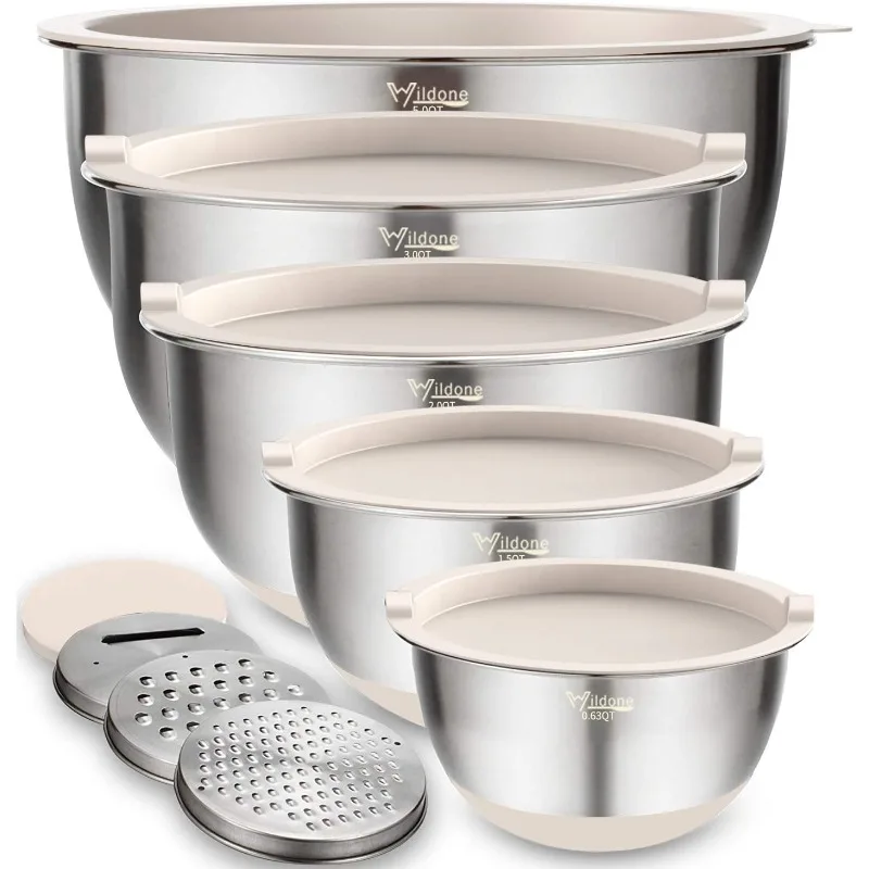 

Mixing Bowls with Lids Set, 5PCS Stainless Steel Khaki Nesting Bowls with 3 Grater Attachments, Measurement Marks & Non-