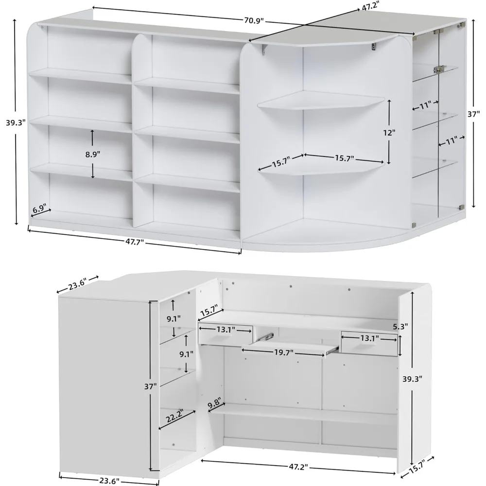 Reception Desk with Counter for Retail & Checkout,Modern Front Reception Counter with Drawers & Open Shelves,L-Shaped