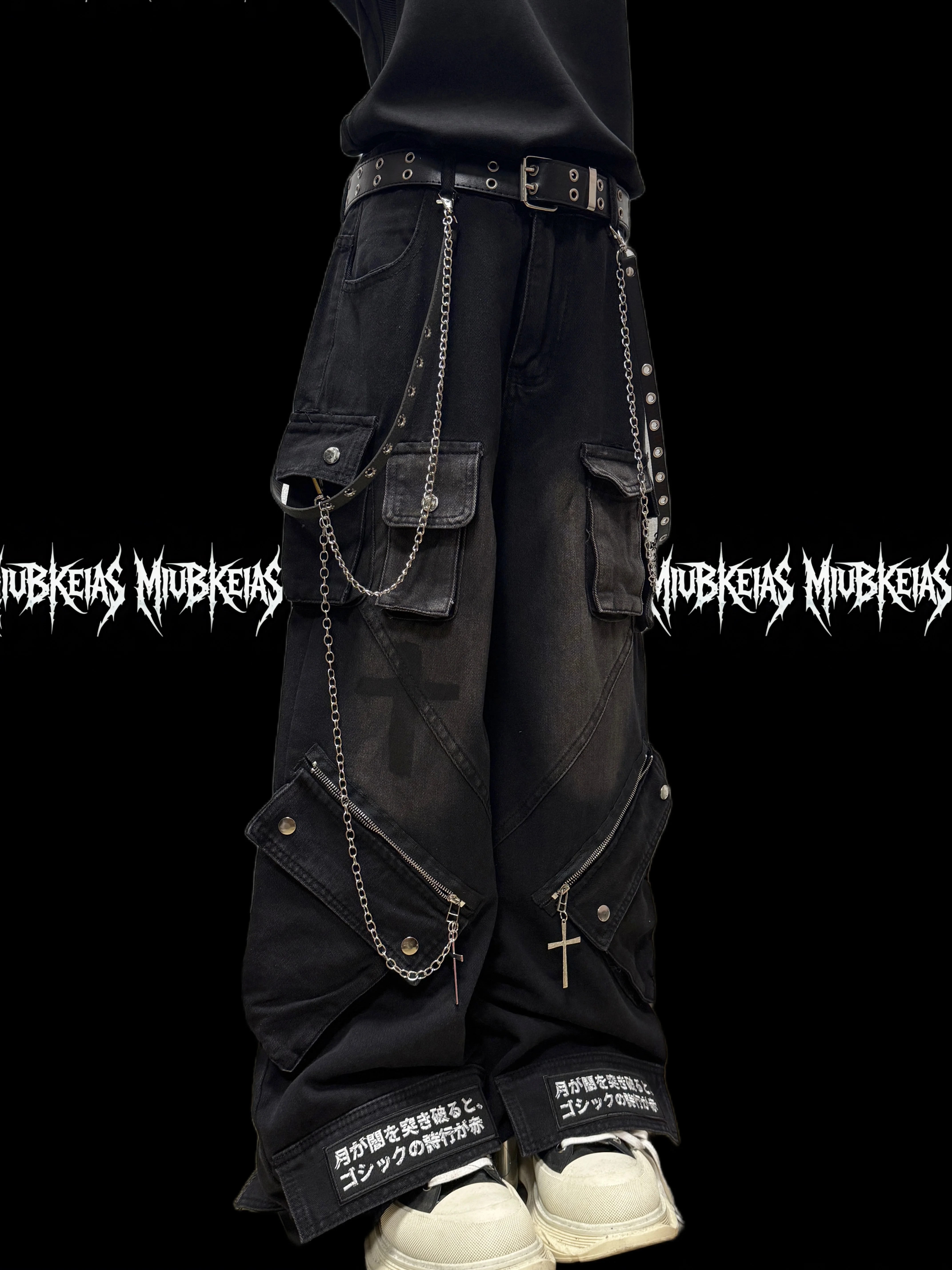 American Mechanical Style Multi-Pocket Cargo Pants Men's and Women's Washed Distressed Dark Straight Zipper Denim Trousers