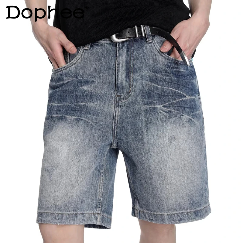 

Мужские джинсовые шорты прямого кроя со средней посадкой, лето 2026, свободные, комфортные, с карманами и молнией, длина до колена