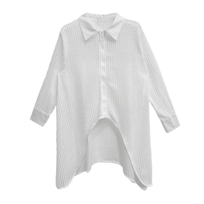 HKSH 2026 Spring Summer New Women Oversized Shirt Turn-down Collar Long Sleeves Solid Color Grid Hollow Out Irrgular Top HK18723