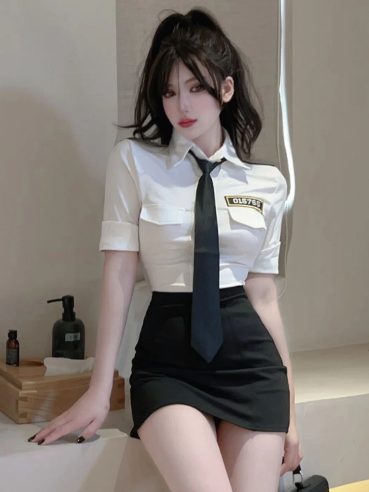 

Sexy Jk Broadcast Professional Shirt Tie High Waist Bodycon Skirt Work Uniform Set High Waist Polyester Blend Spring