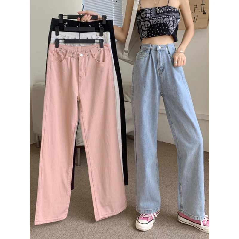 

American Retro Denim Pant Spring Summer Solid Color Fashionable Ladies High Waist Ankle-Length Straight Wide Leg Jean Pants