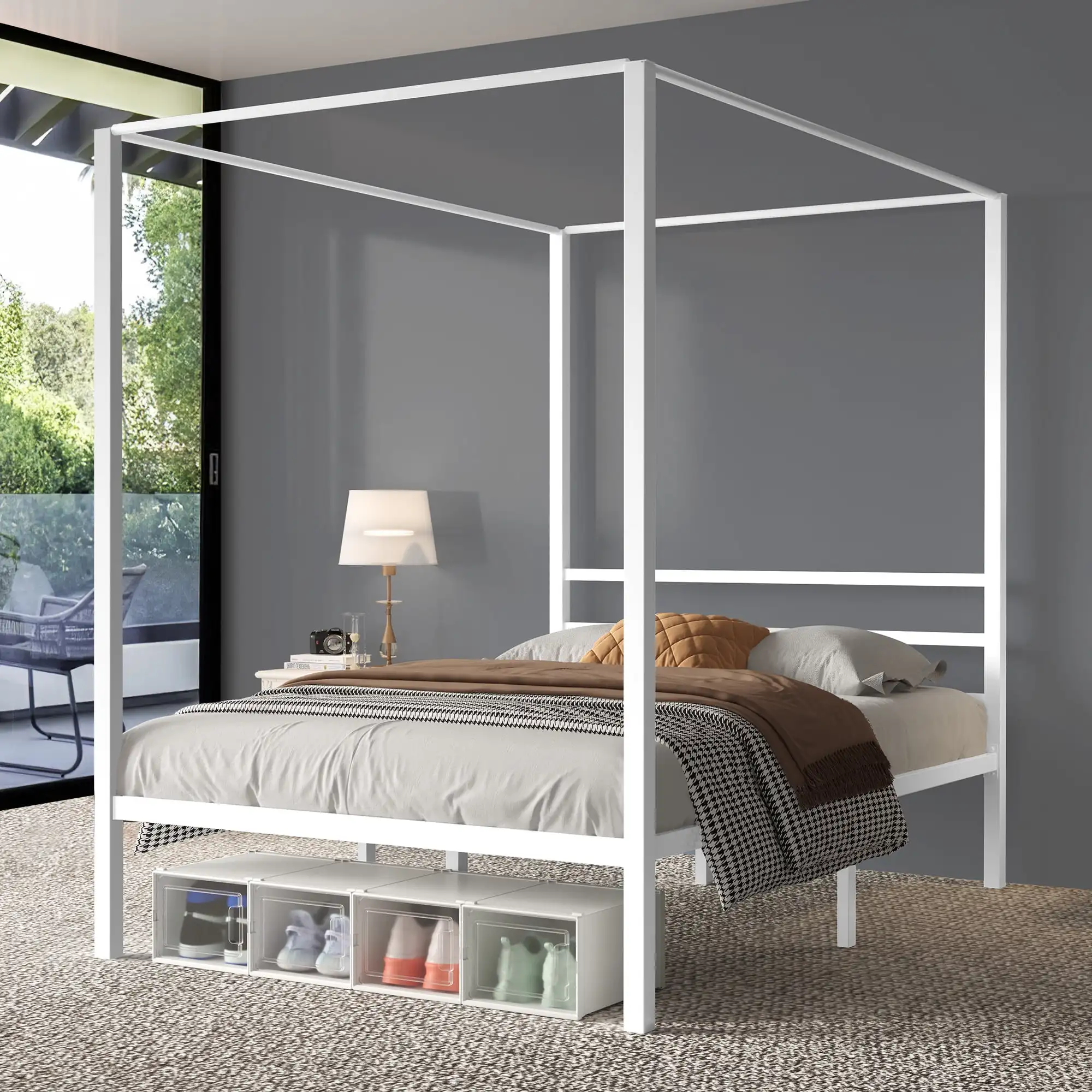 Metal Canopy Bed Frame 14 Inch Platform No Box Spring Needed White Full Size Under Bed Storage No Box Spring Needed