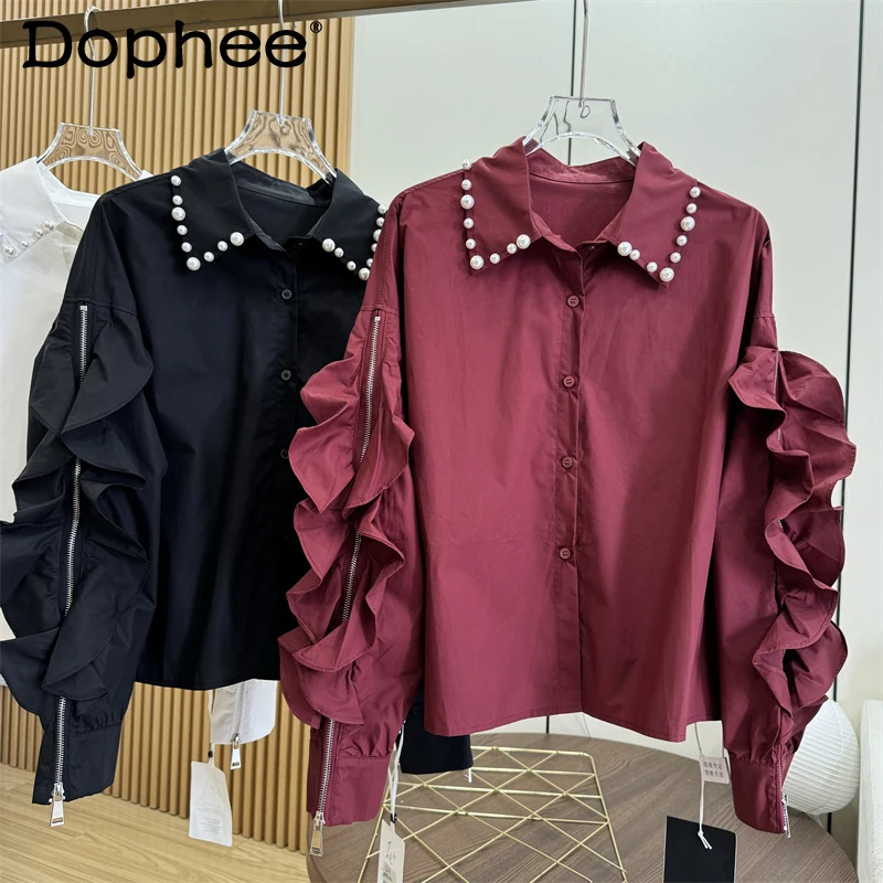 

Pearl Lapel High-end Long-sleeved Red Shirt Women's Design Splicing Ruffle Edge Loose Shirt Top 2025 New Spring Autumn