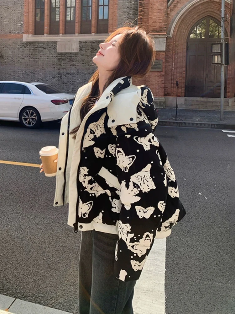 Winter Print Butterfly Hooded Parker Down Jacket Women White Duck Down Patchwork Jackets Coat Female Zipper Warm Thick Outwears