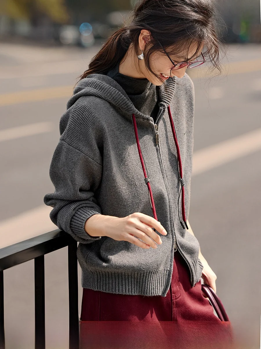 

XWI Casual Color Blo Hooded Knitted Open Cardigan Women's Winter Loose Fit Sweater Jaet Dstring Soft Polyester Fiber