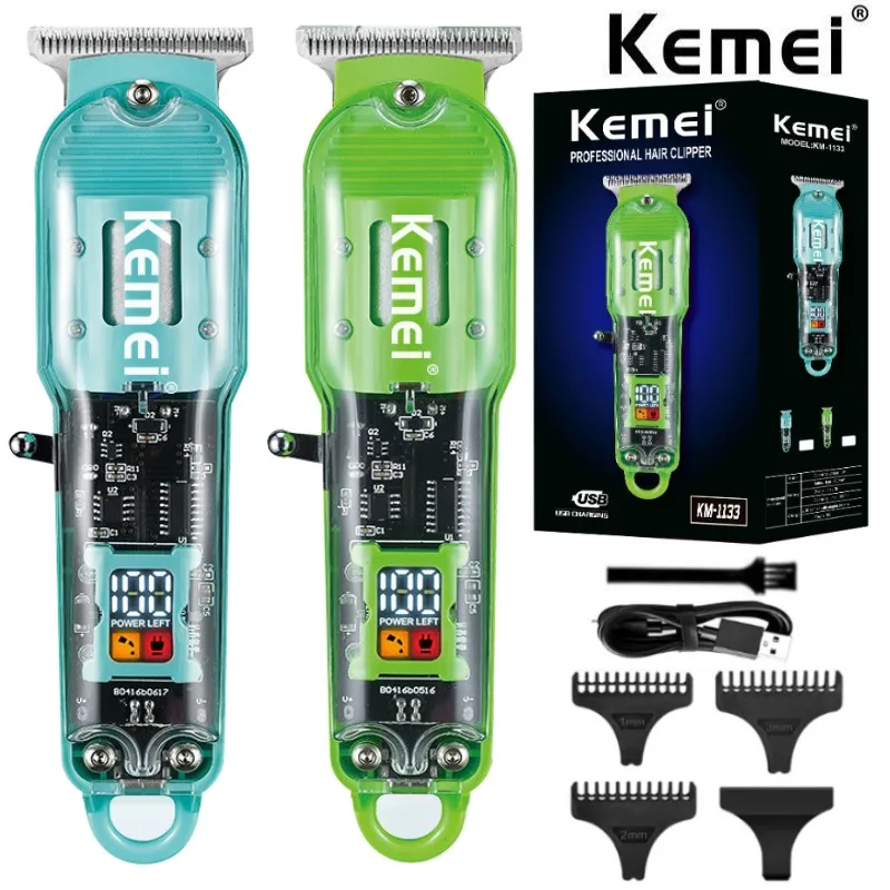 Kemei KM-1133 Rechargeable Hair Cutting Machine Barber Shop Fade Professional Hair Clippers Cordless Trimmer Transparent Cover