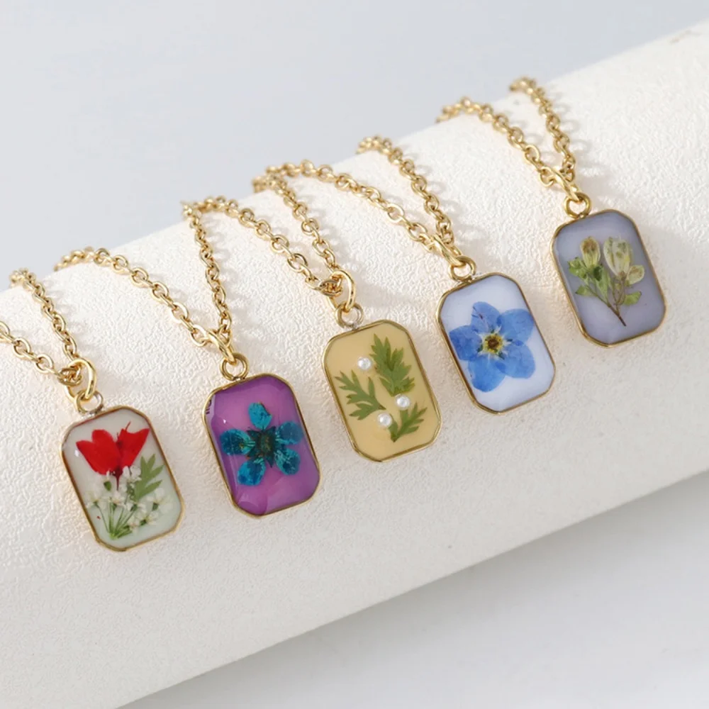 Stainless Steel Cute Dried Flower Pendant Necklace For Women Rectangle Geometric Clavicle Chain Wedding Jewelry Gift 2025 New