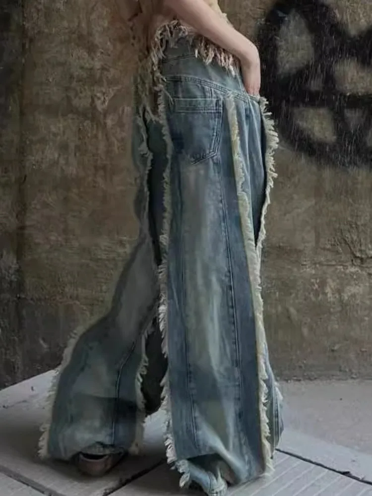 LGRQ 2025, Frühjahr Neue Frauen Volle Länge Denim Hosen Quasten Gespleißt Taschen Distressed Waschbar Breite Bein Hosen Weibliche 19ZZ1699