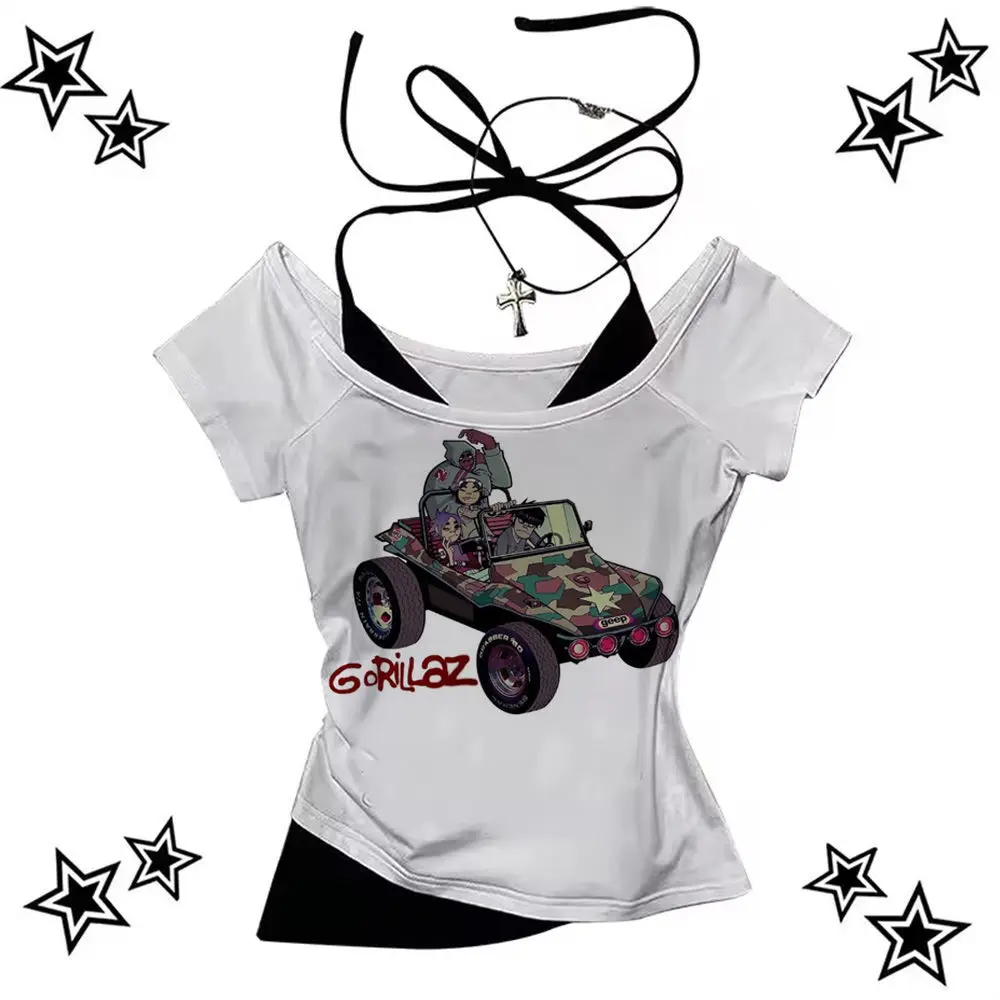 Gorillaz top tees girl Pastel harajuku  Y2k Trendy Classic University t shirt 2000s Colorful Y2k Classic Pastel