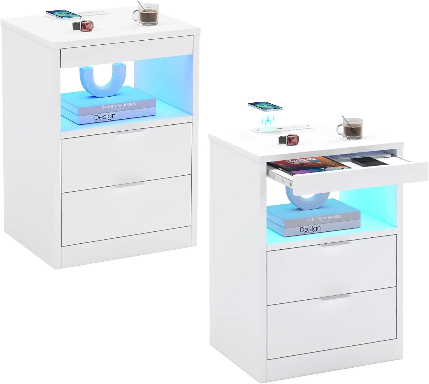 

LED Nightstand White Nightstand with Wireless Charging Station 2 Drawers, Modern Bedroom End Side Table with LED Lights