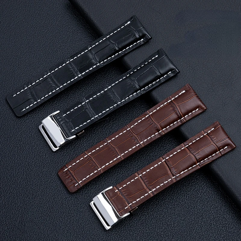 For Breitling men\'s Genuine Leather watchband Avenger/navitimer Premier Folding Buckle Soft strap 22mm 24mm Watch Band Bracelet