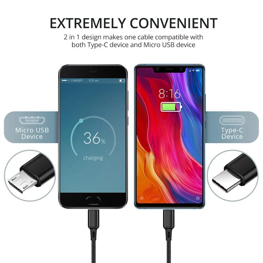 마이크로 USB C 타입 충전 케이블, 휴대용 듀얼 충전 휴대폰 USB 케이블, 안드로이드 모바일 보조배터리 고속 충전, 2 in 1, 신제품