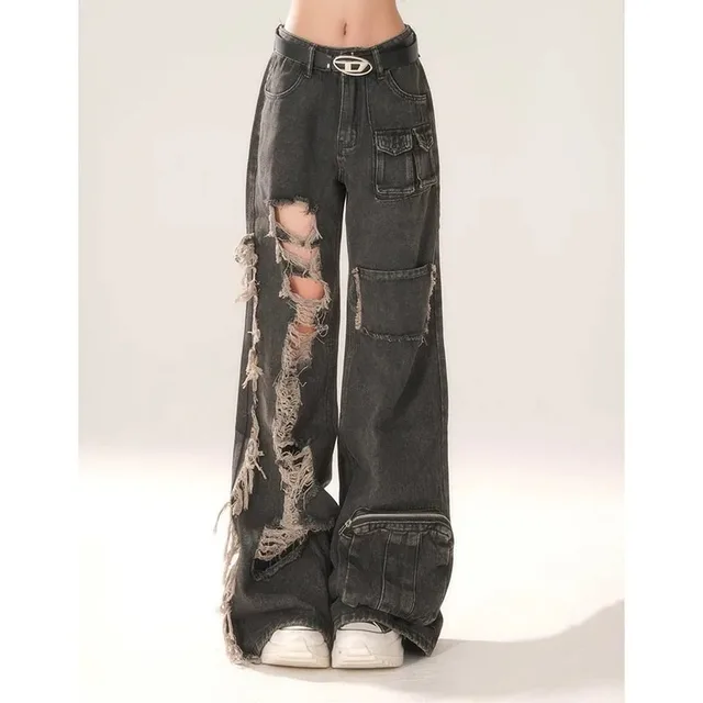 Czarne jeansy damskie z wysokim stanem w stylu hip-hopowym Moda Vintage Streetwear Y2K Spodnie jeansowe z szeroką nogawką Baggy Denim Pants