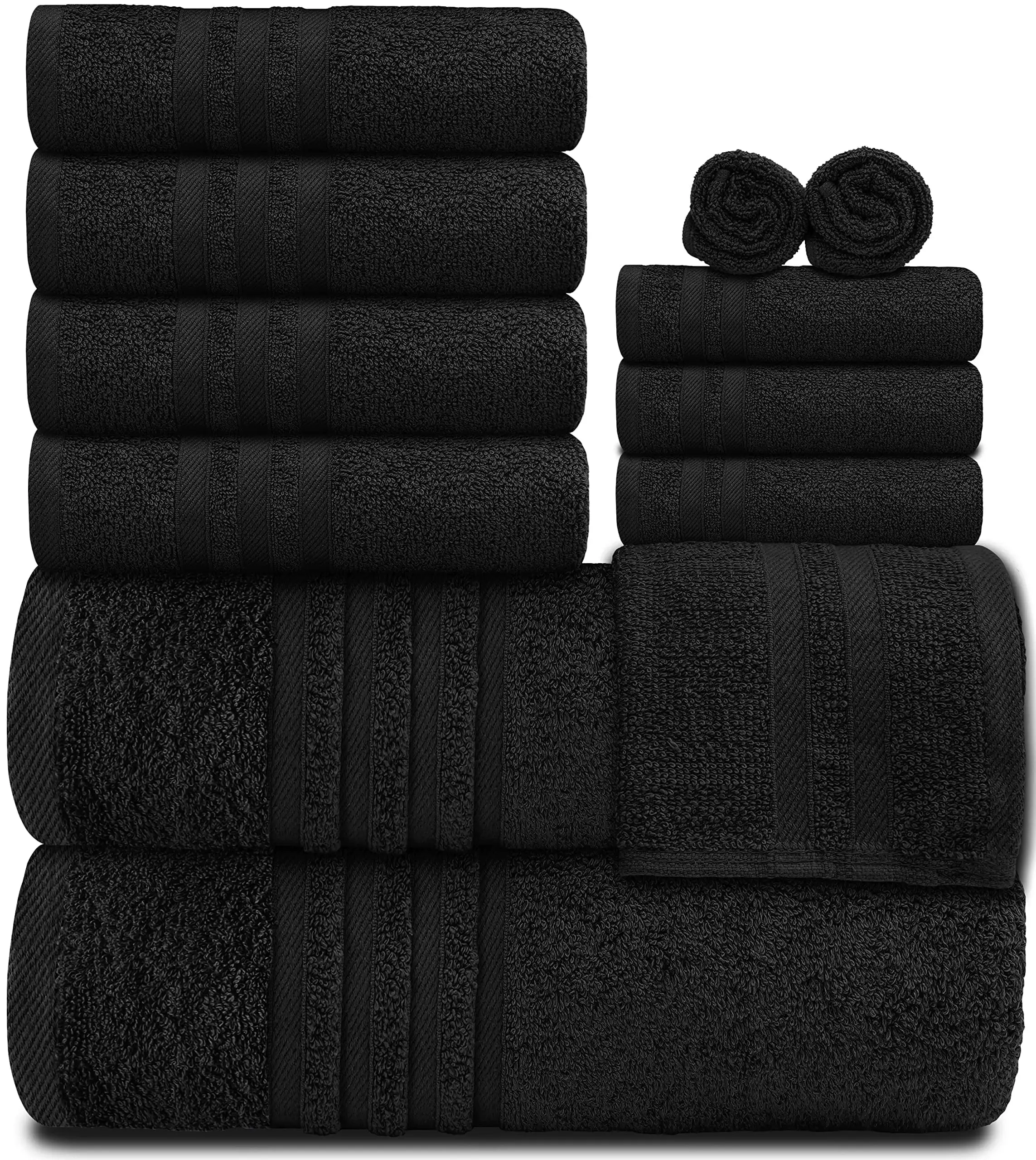 

12 Piece Bath Towel Set for Bathroom Wealuxe Collection 2 Bath Towels 4 Hand Towels 6 Washcloths 100% Cotton Highly Absorbent