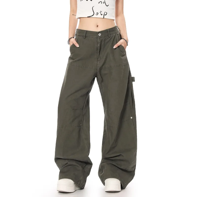 OR FL American Style 100 Cotton Women Cargo Trousers Baggy Staraight Slacks Street Retro A Sense of Sophistication Trendy Brand