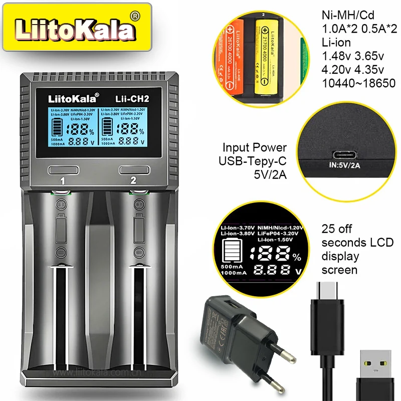 LiitoKala Lii-CH4 slimme oplader voor 18650/21700/26650/AA/AAA/Ni-MH/Li-ion, 1,2 V/1,5 V 4-slots snel opladen, USB-C, automatisch detecteren