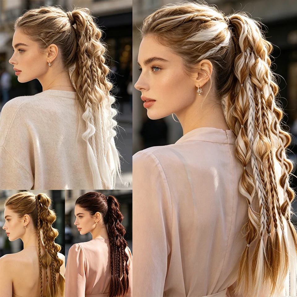 24Inch Synthetic Long Braided Bubble Ponytail Wig Extensions Lightweight With Elastic Band Wig Accessories For Women Party Use