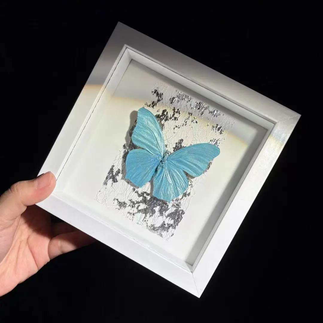 2092 Colorful Handmade Artificial Glitter Butterfly Set Hand Painted Art in White Frame Modern Wall Decor Gift for Enthusiasts