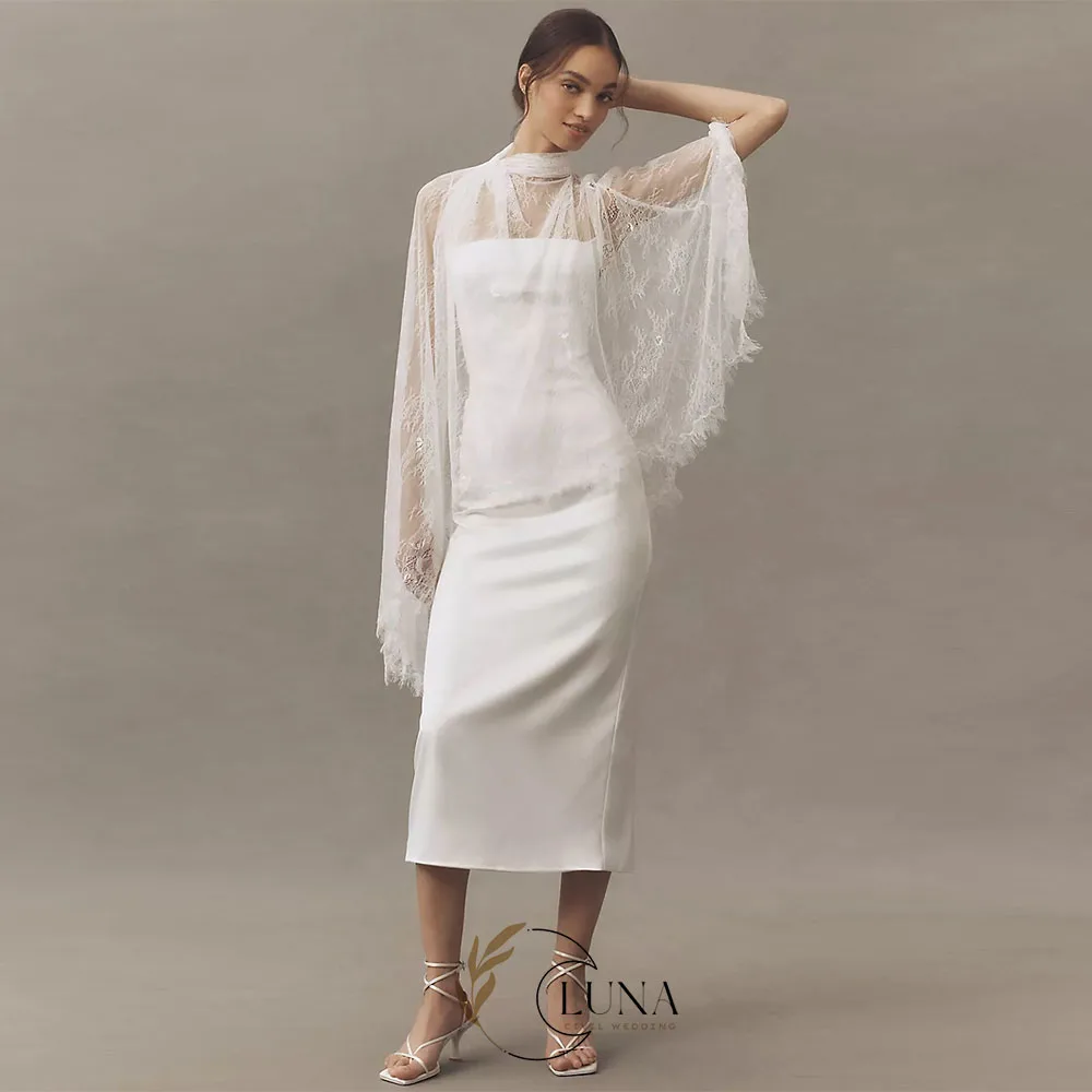 Luna Customized Lace Drape Cape Wedding Dresses Tea-Length Simple Bride's Dresses Civil Wedding vestido de novia Lady Gown