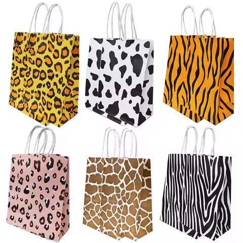 10pcs Safari Animal Paper Gift Bags with Handles Leopard Zebra Giraffe Print Birthday Wedding Candy Treat Bags Party Supplies