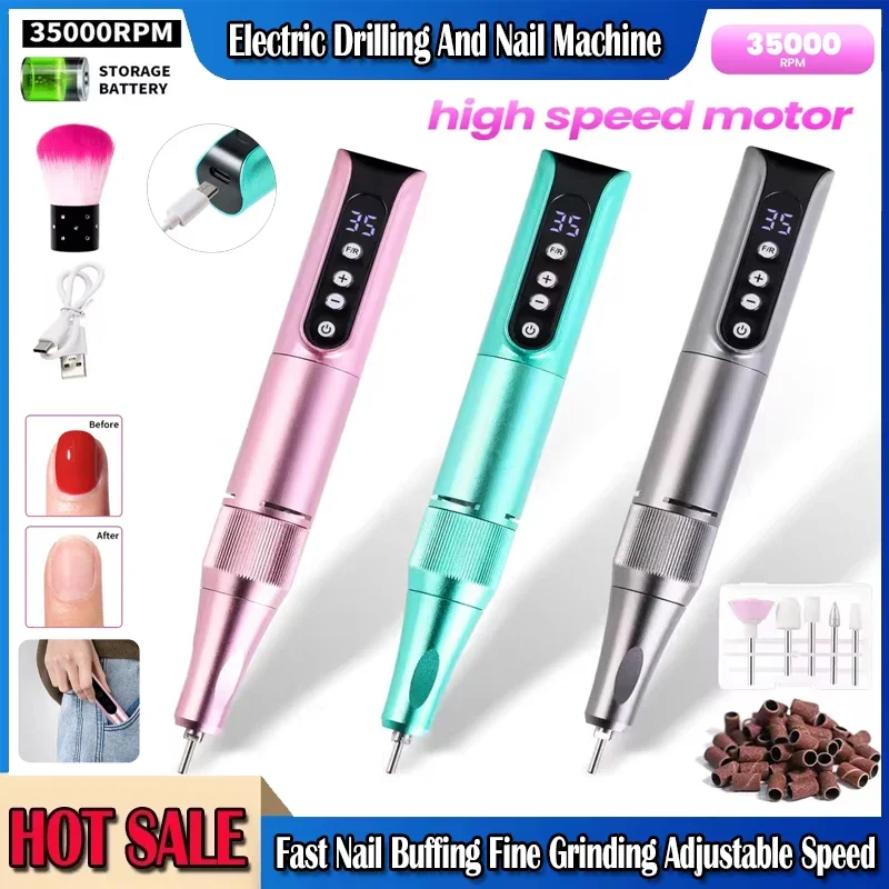 Caneta de broca de unha sem fio, 35000rpm, usb, lixa de unha, caneta de polimento, recarregável, máquina portátil, manicure, ferramenta de salão de beleza